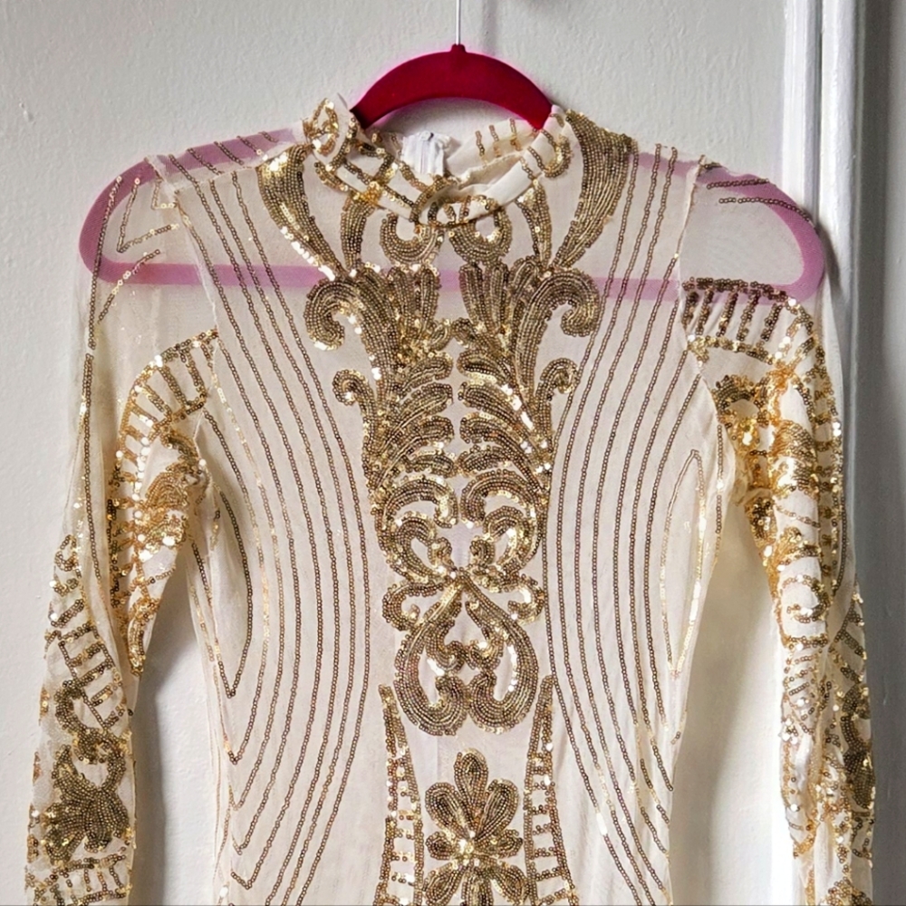 White and Gold Sequin Bodycon Dress EUC